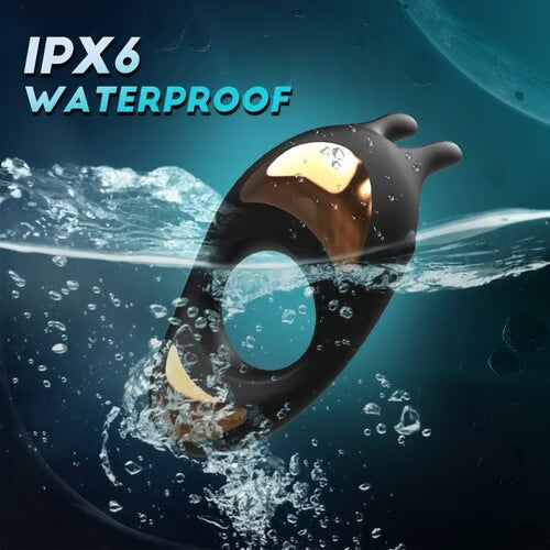 IPX6 waterproof black vibrating cock ring submerged in water, highlighting its durability for shower or bath play.