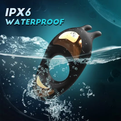 IPX6 waterproof black vibrating cock ring submerged in water, highlighting its durability for shower or bath play.