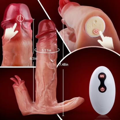 Full view of a realistic 3-in-1 male vibrator with detailed veins, wireless remote, and clear length measurements.
