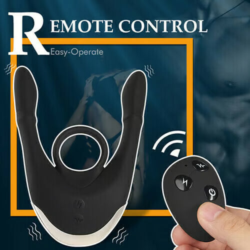 Black 3-spot vibrating cock ring with an ergonomic design and a wireless remote control for easy operation.
