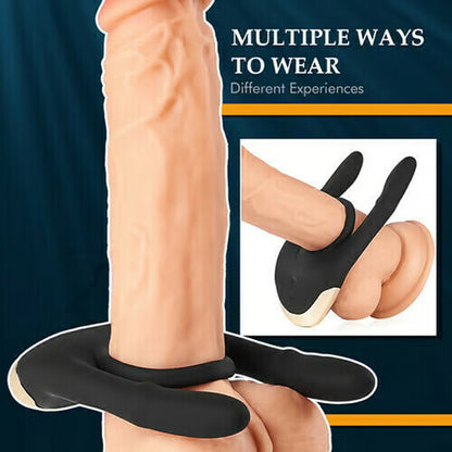 Close-up showing multiple ways to wear the elastic vibrating ring to target different sensitive spots.