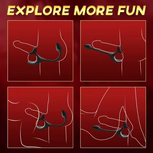 Collage showing four different ways to wear the ergonomic P-spot vibrator for varied pleasure and solo or couples fun.