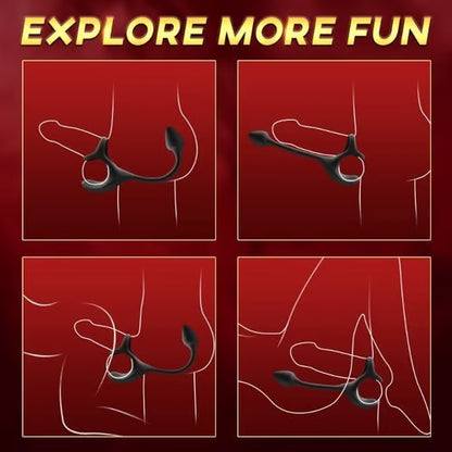 Collage showing four different ways to wear the ergonomic P-spot vibrator for varied pleasure and solo or couples fun.