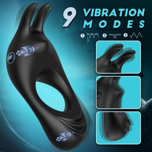 Detailed view of the 9 vibration modes and the dual bunny ear stimulators designed for targeted clitoral or scrotal massage.