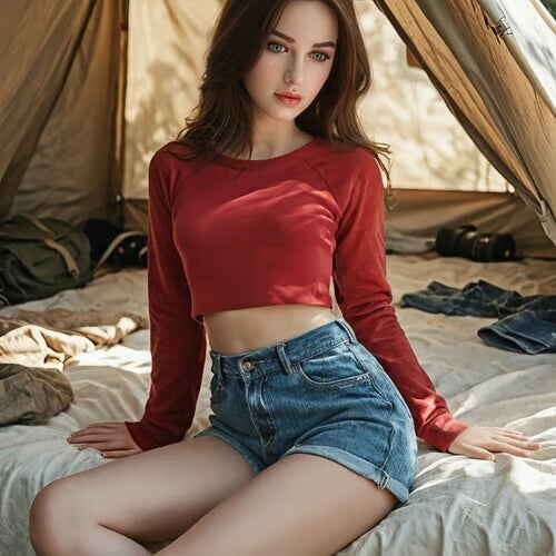 Petite TPE doll with a natural look wearing a red long-sleeve crop top and denim shorts in a tent.