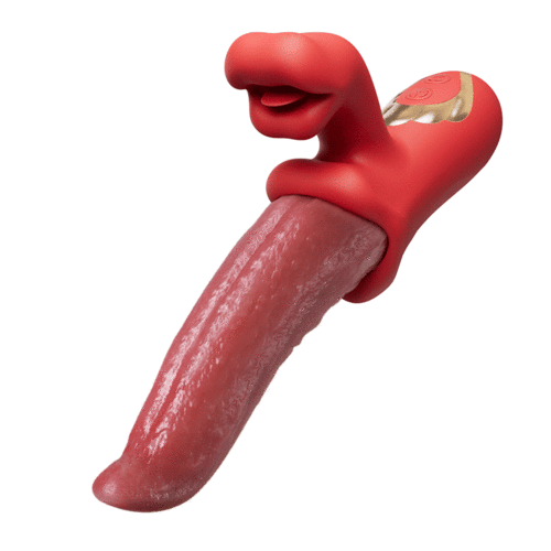 Full view of a rose-red innovative wriggling tongue vibrator with a long textured stimulator for realistic pleasure.