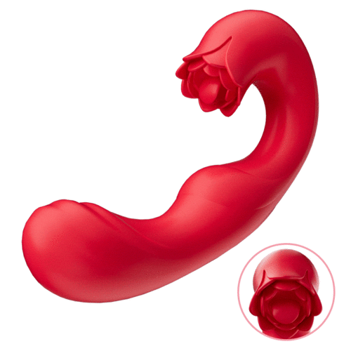 Full view of a rose-red G-spot vibrator with a realistic tongue-licking rose head and ergonomic S-curve design.