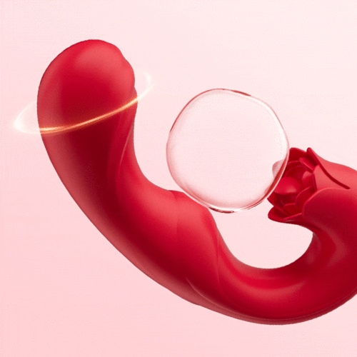 Action shot showing the rotating and vibrating stimulation of the body-safe silicone rose vibrator.