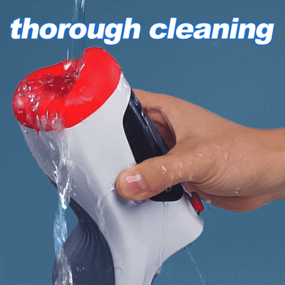 Waterproof male masturbator being rinsed under water for quick and thorough cleaning after use.