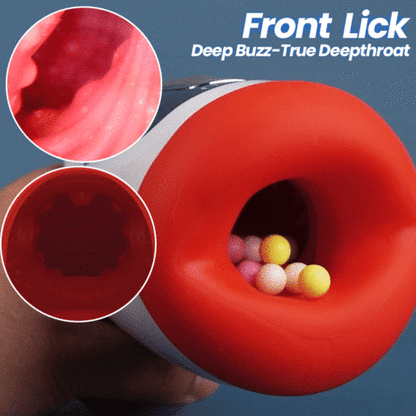 Close-up of the front lick feature and realistic deep-throat internal structure on a high-tech masturbator.